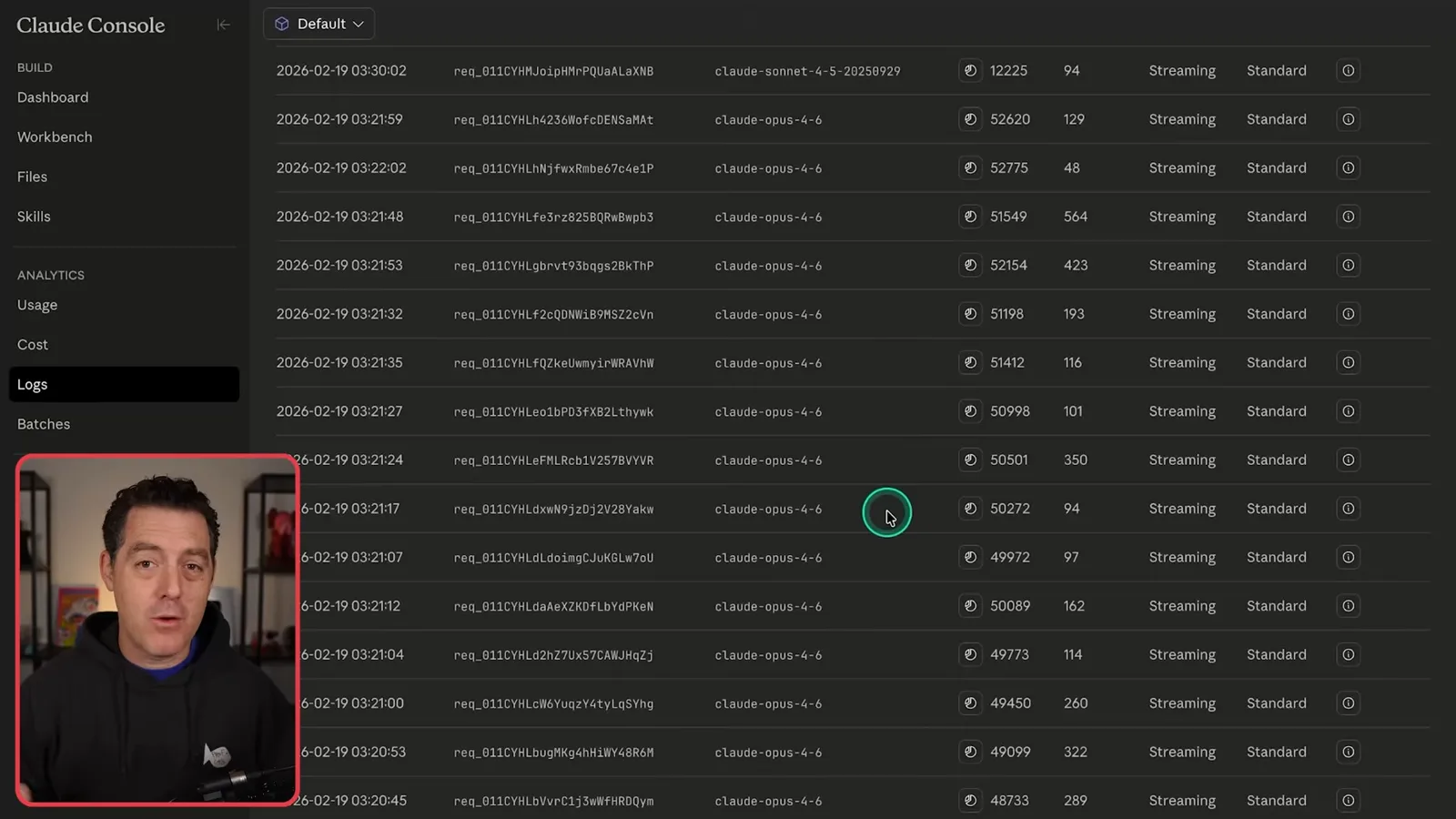 Example API request sizes