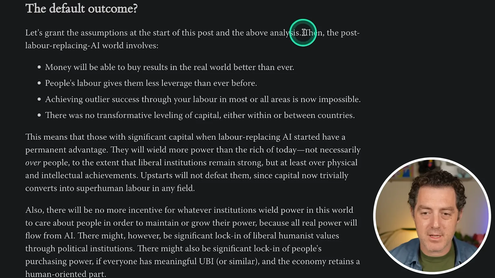 The essay’s proposed default outcome
