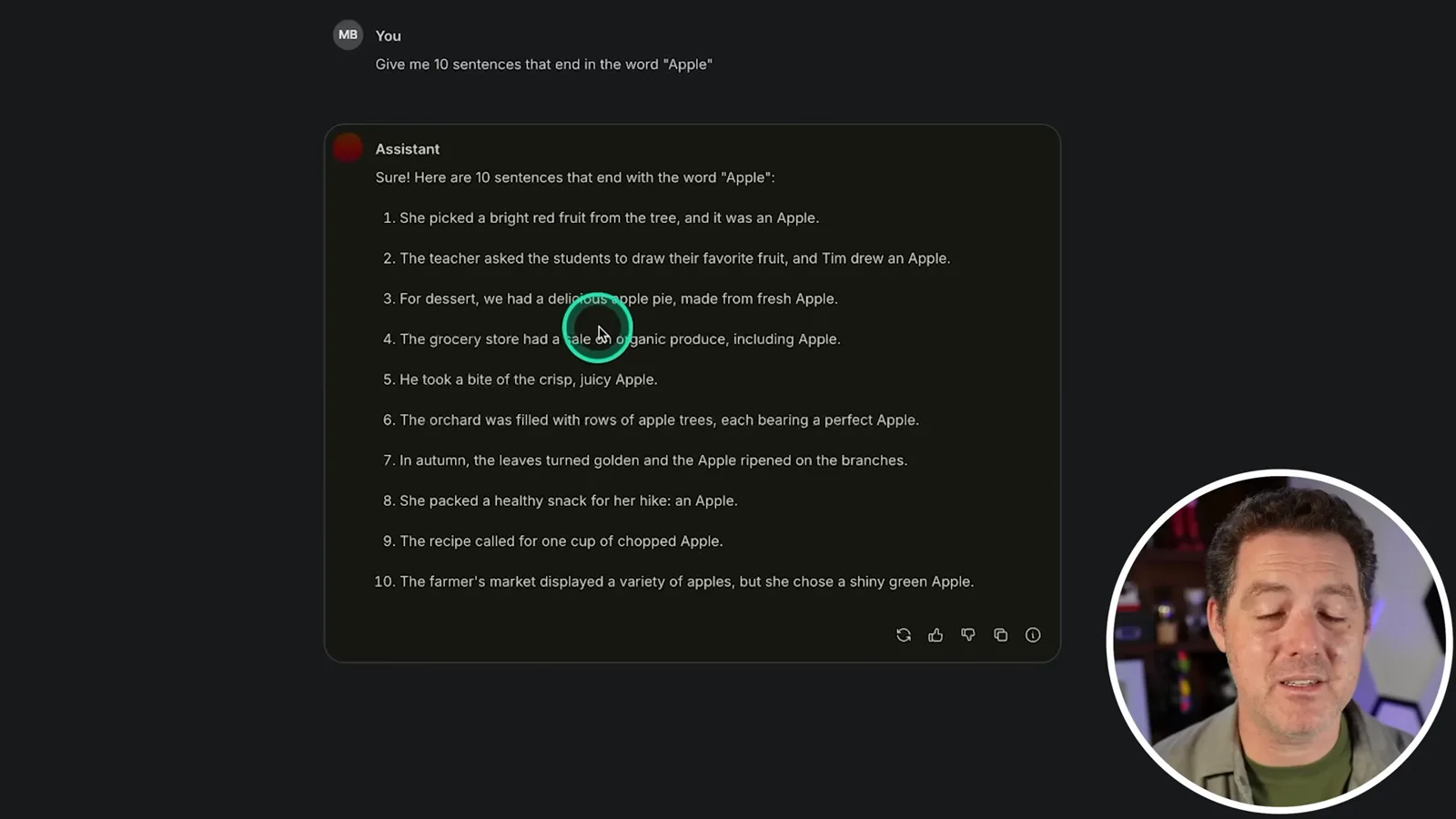 Ten sentences ending in Apple