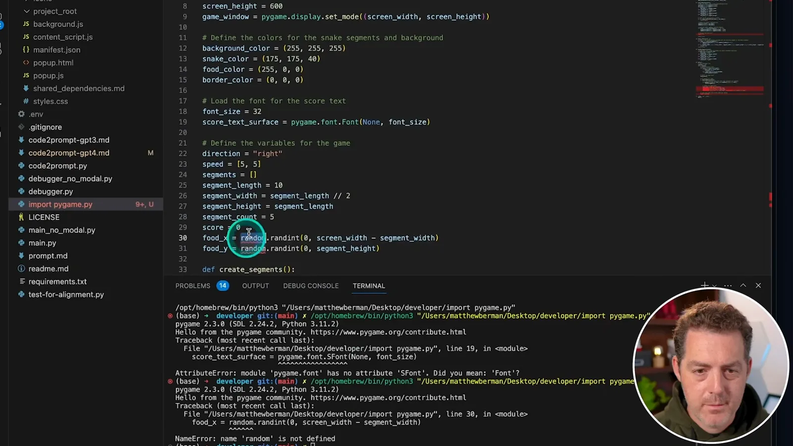 Snake program errors