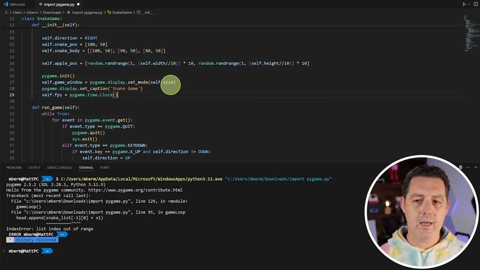 Snake coding test in VS Code