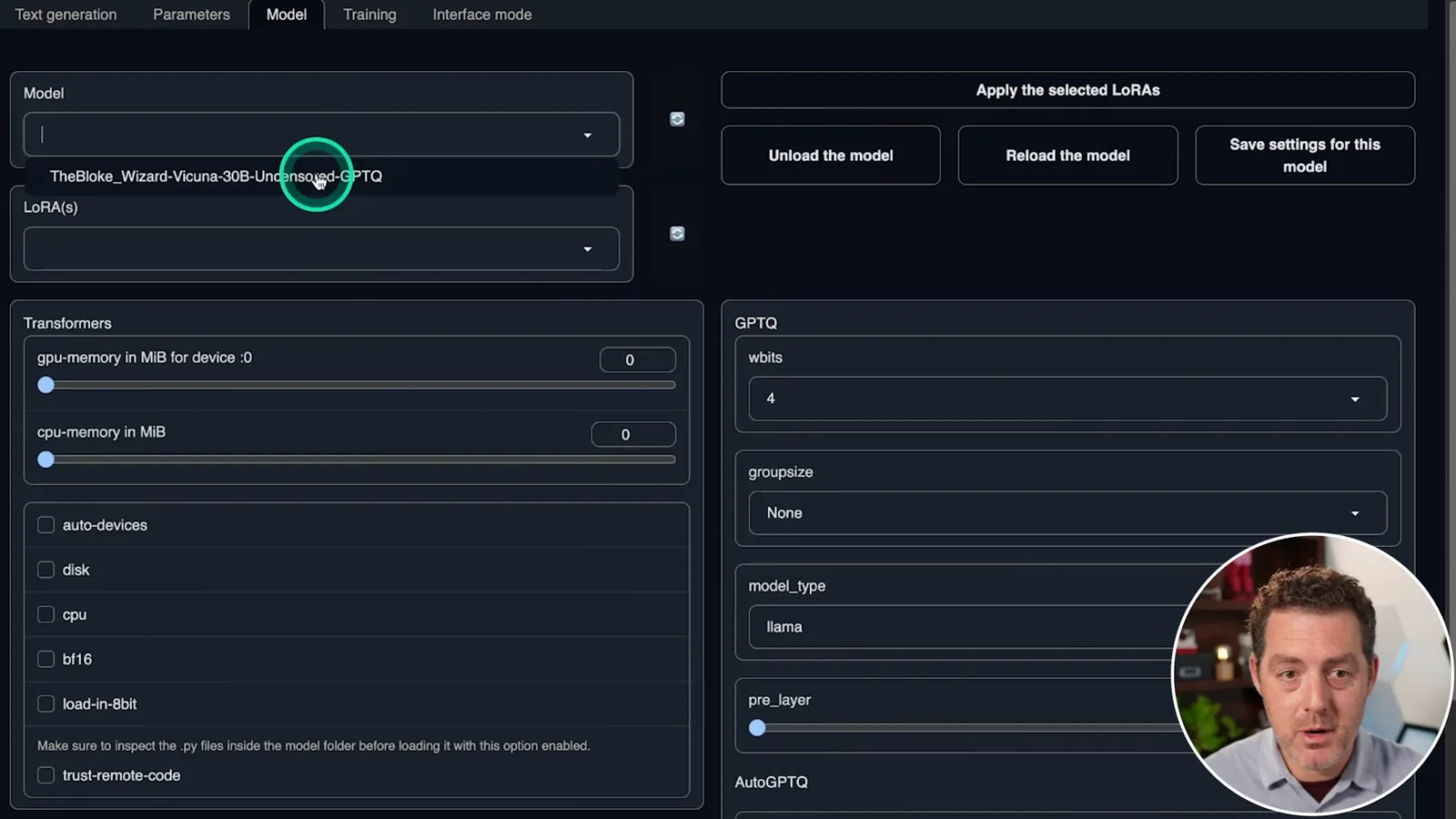 GPTQ model loading settings
