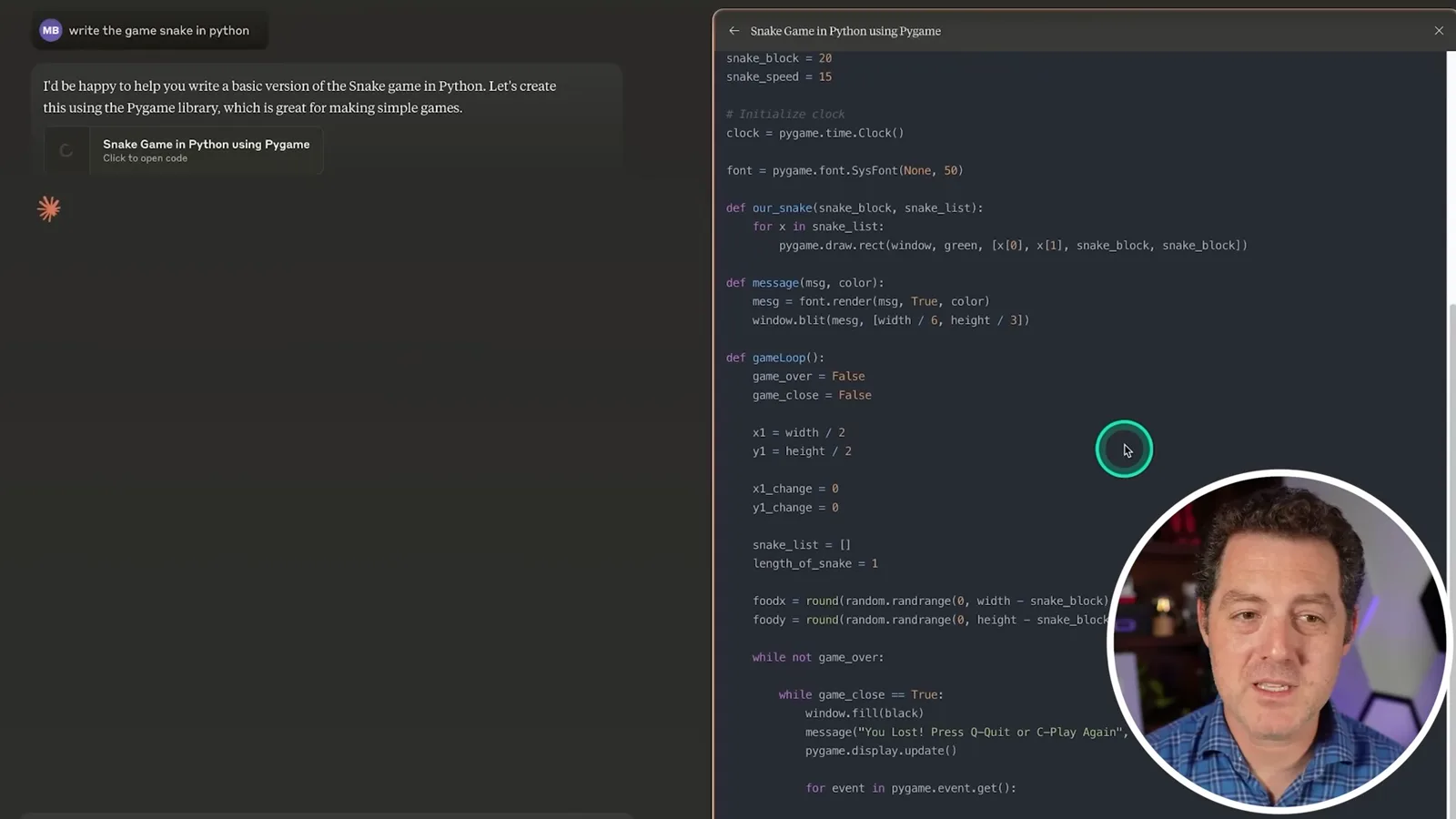 Snake code in a separate artifact pane