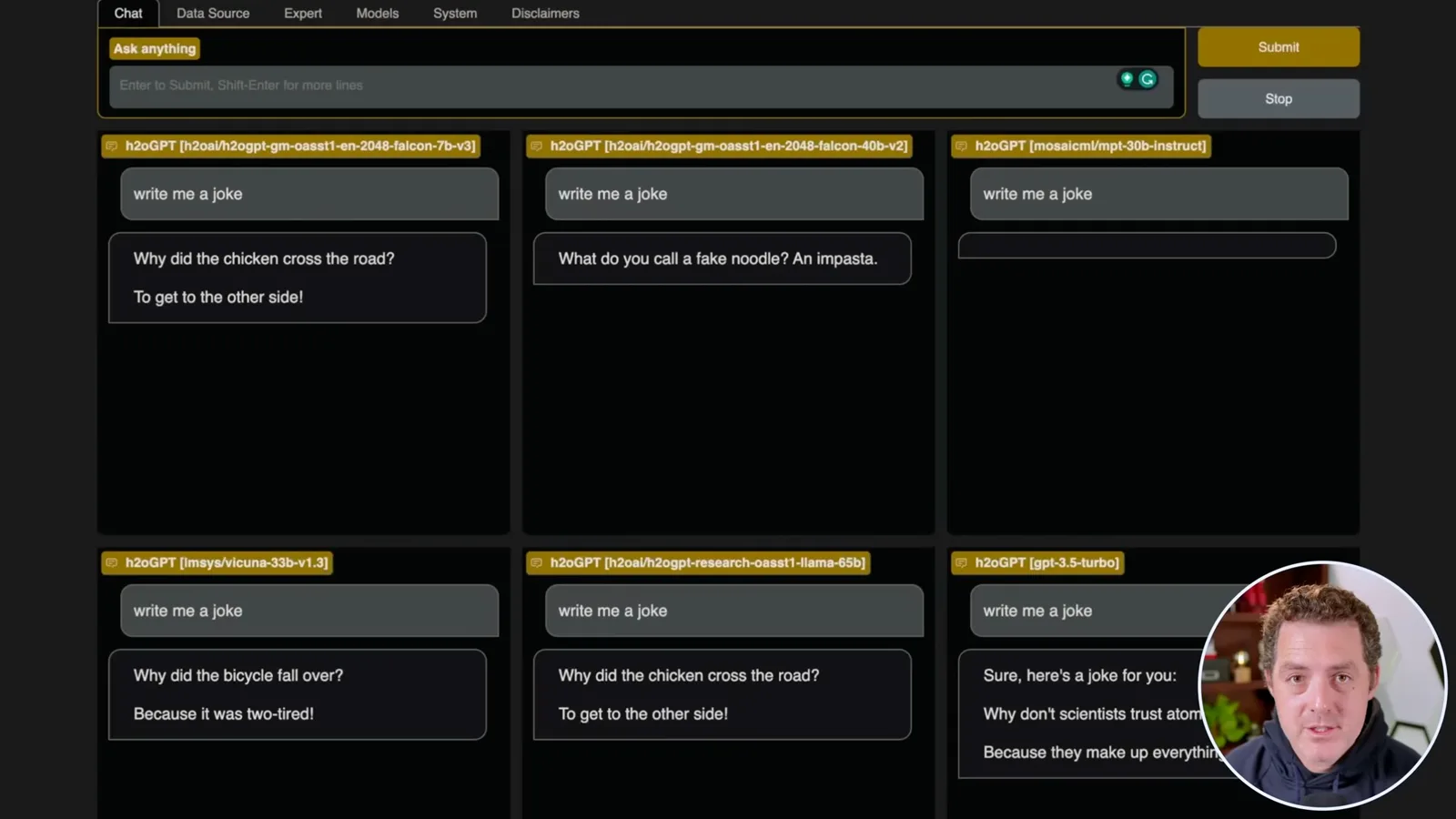 Six-model comparison interface