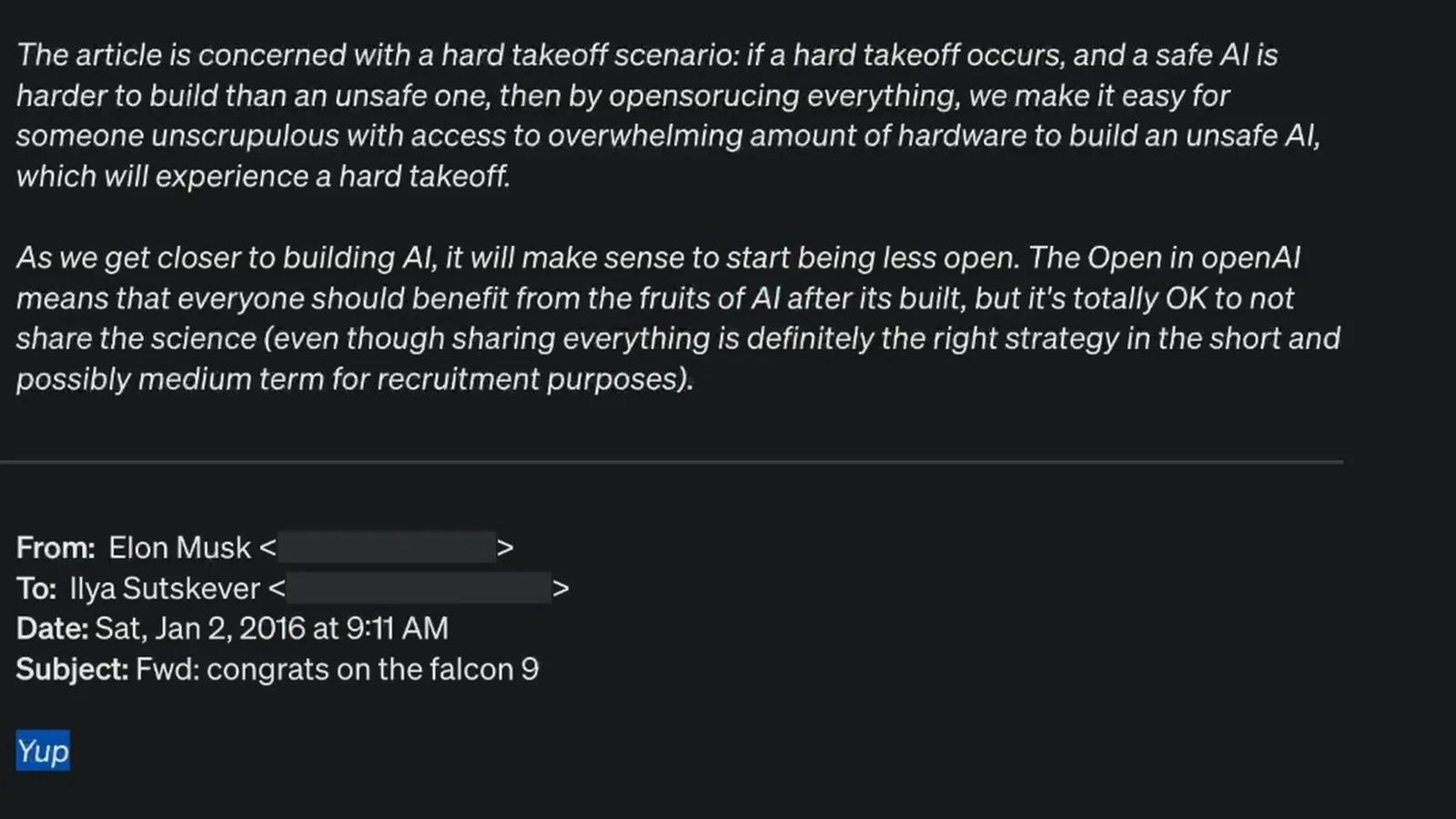 Sutskever’s openness email and Musk’s reply