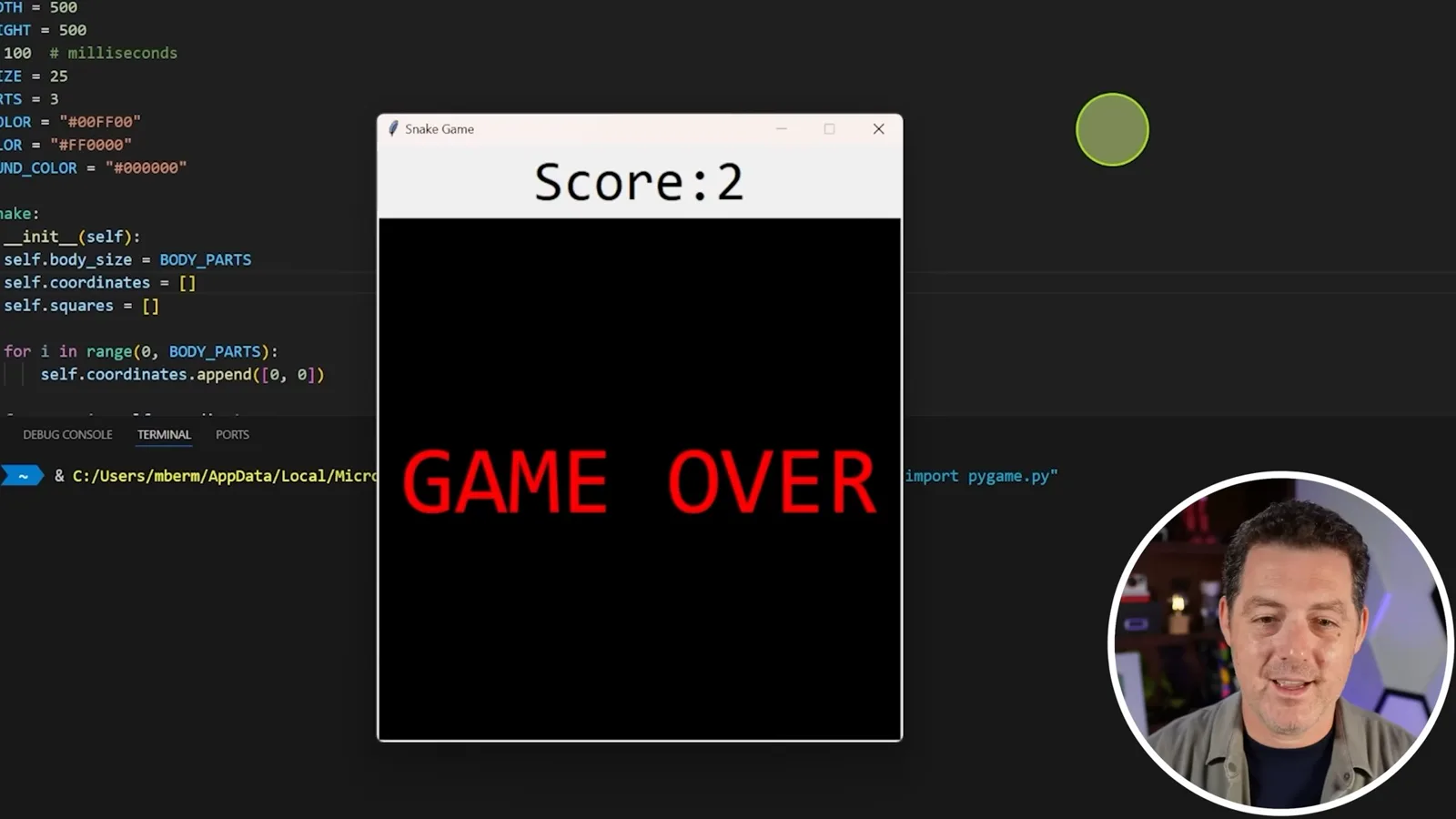 Snake game execution