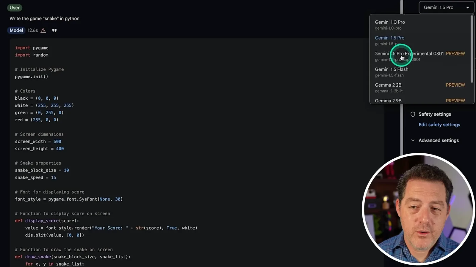 Gemini model selection and Snake code