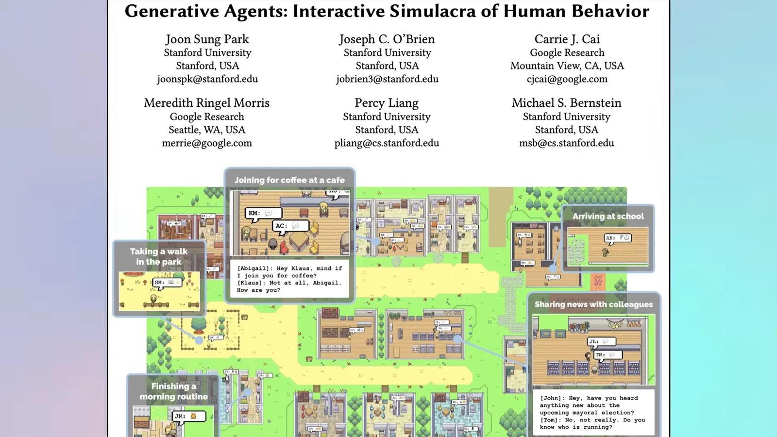 Generative agents in a simulated town