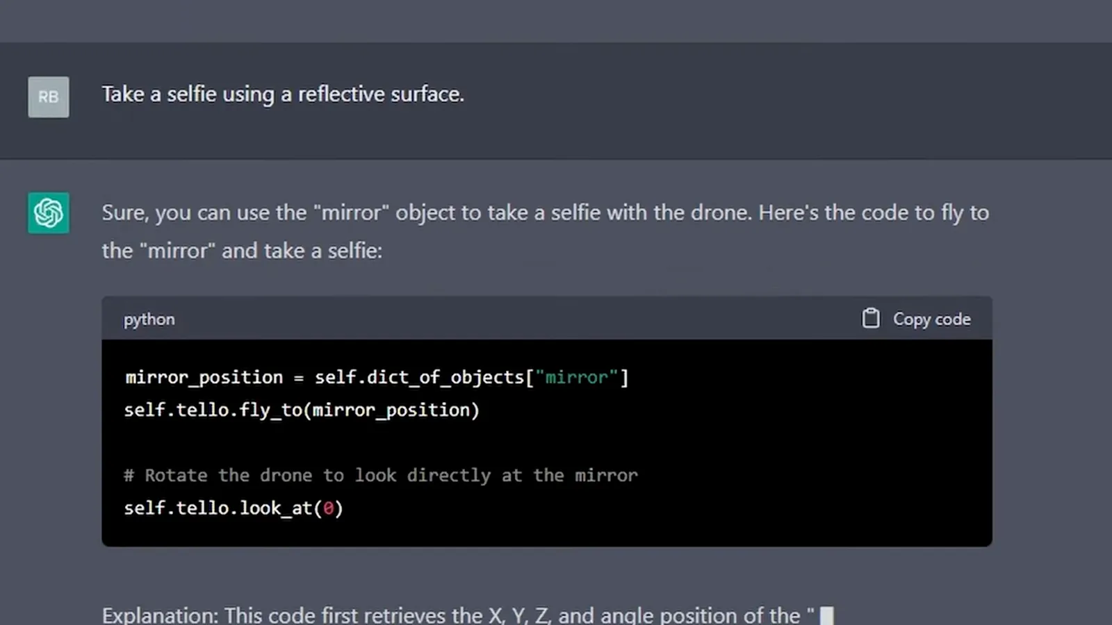 Selfie prompt and generated code