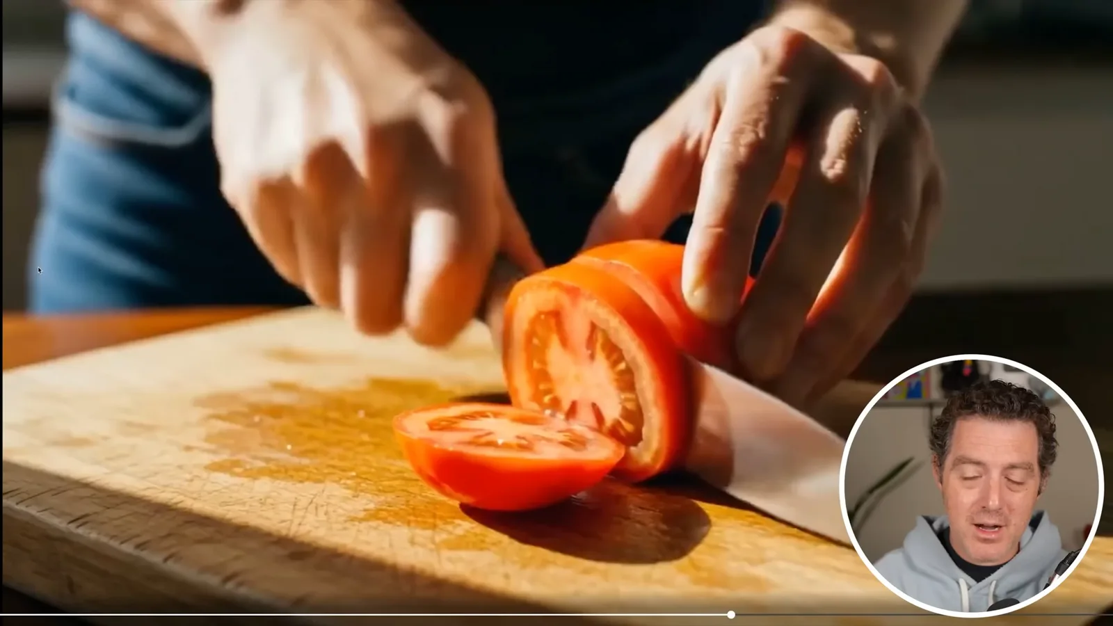 A generated tomato-cutting scene