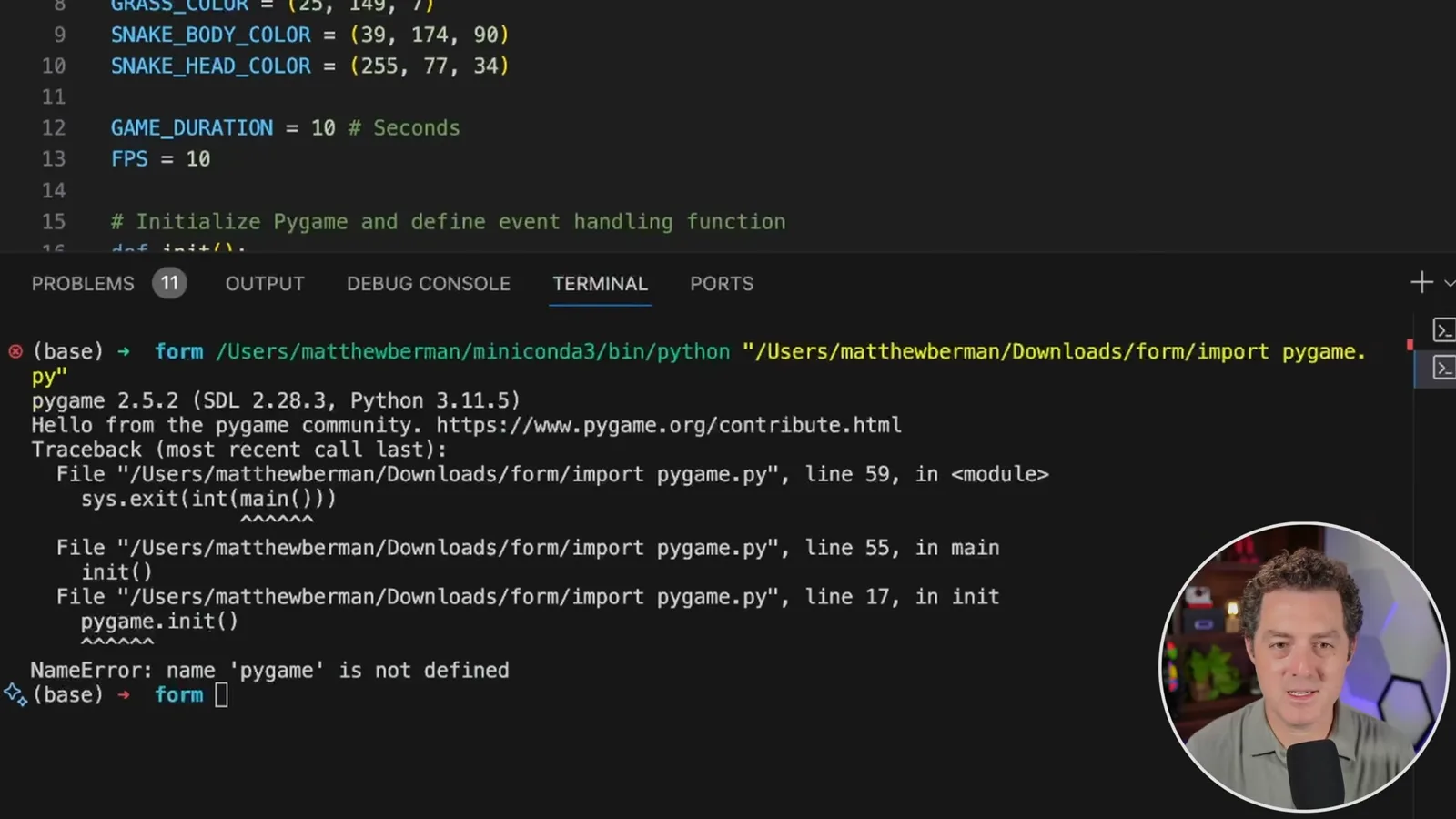Snake code produces an error