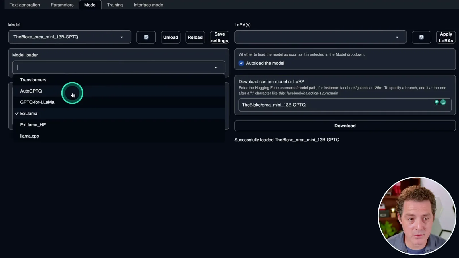 Selecting the ExLlama loader