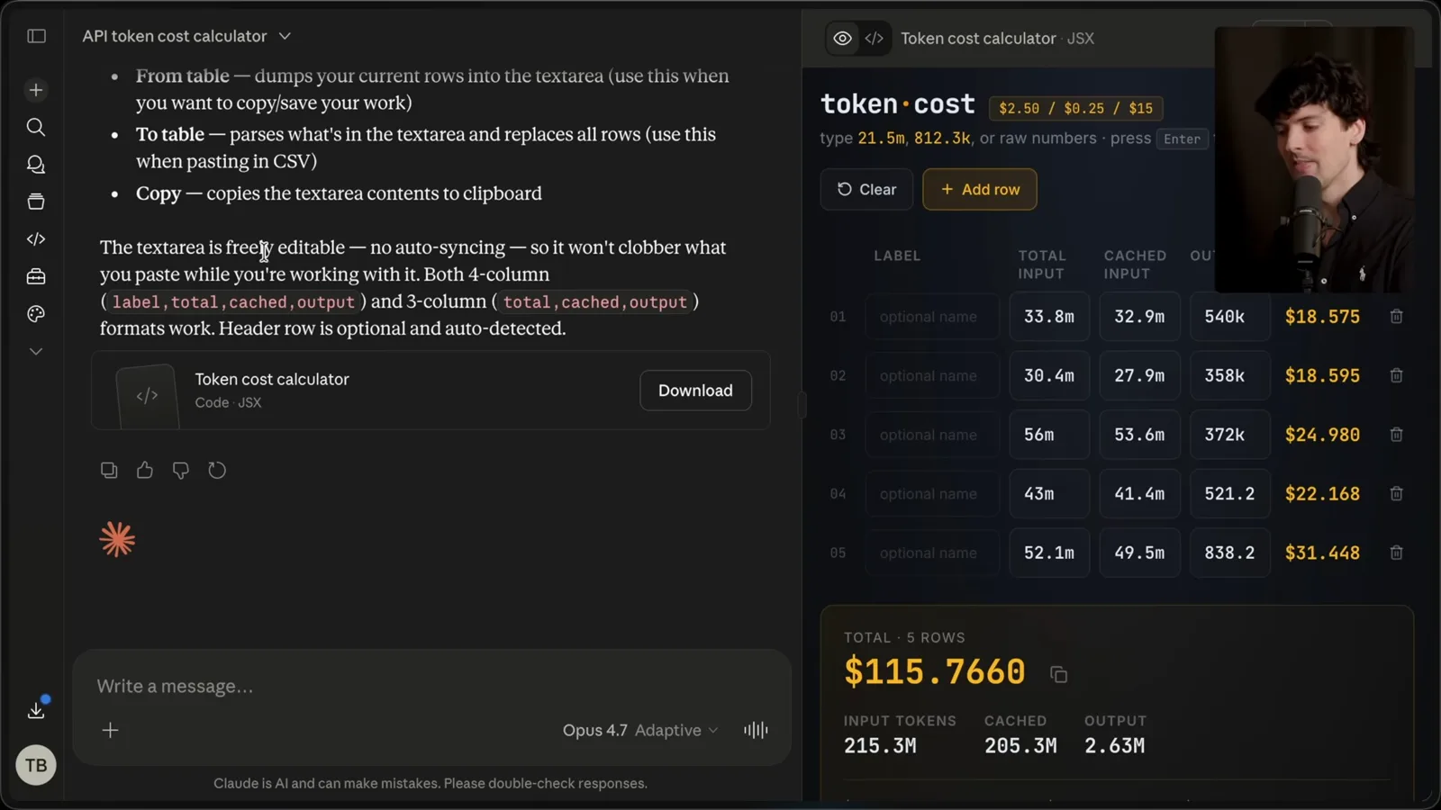 A one-off token cost calculator