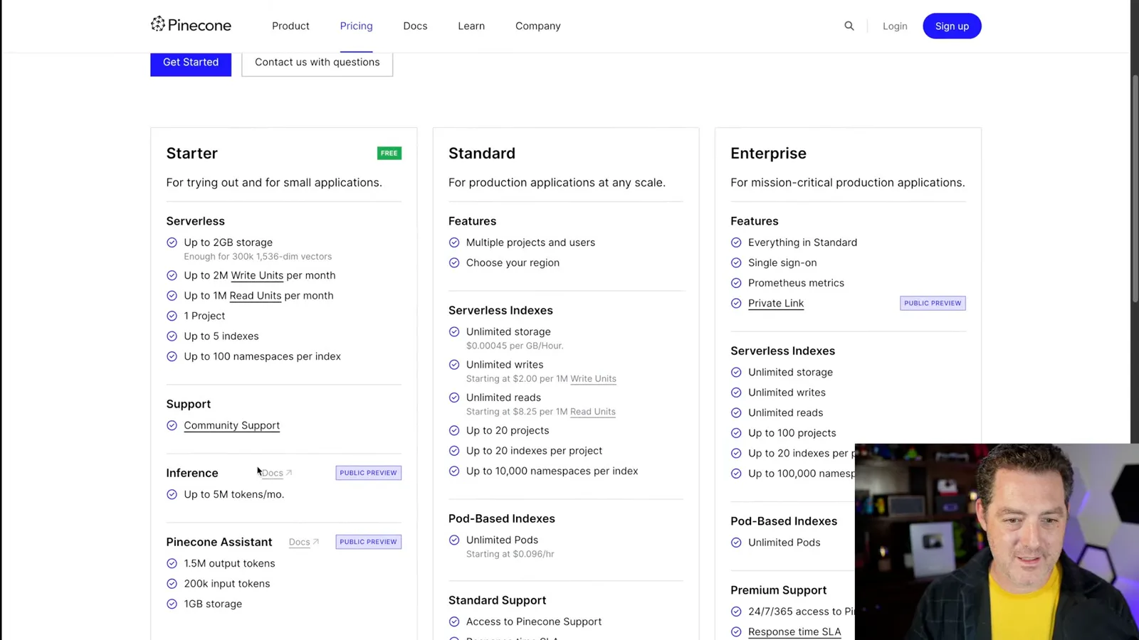 Pinecone’s historical pricing page