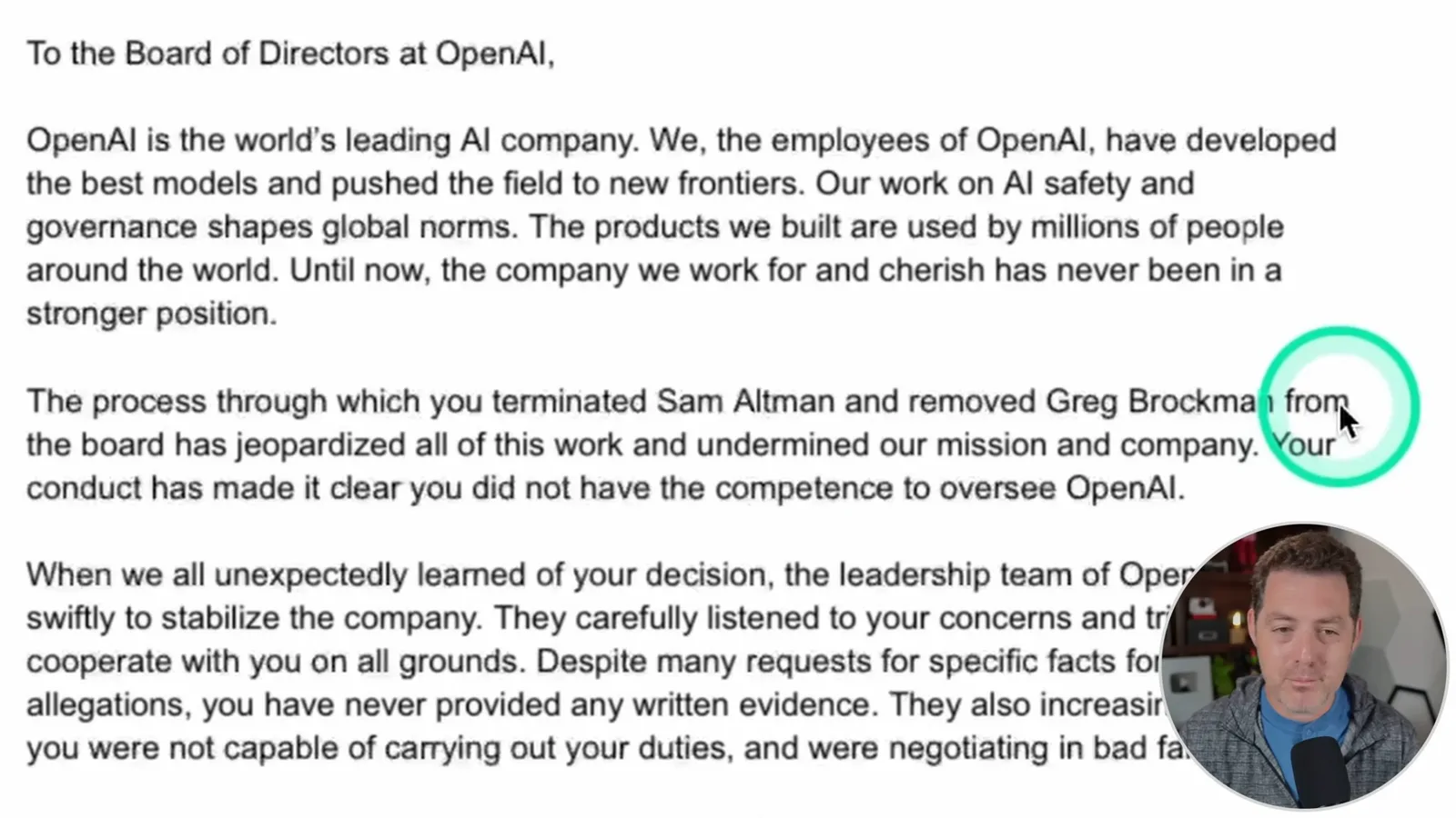 Employees’ letter to the board