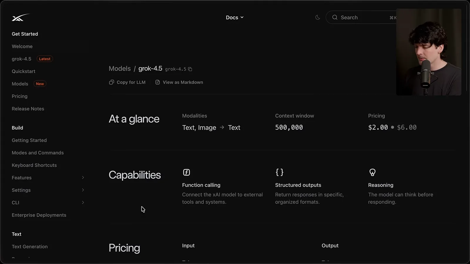 Grok 4.5 pricing shown in the video