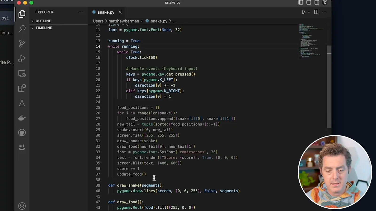 Generated Python Snake code in the editor