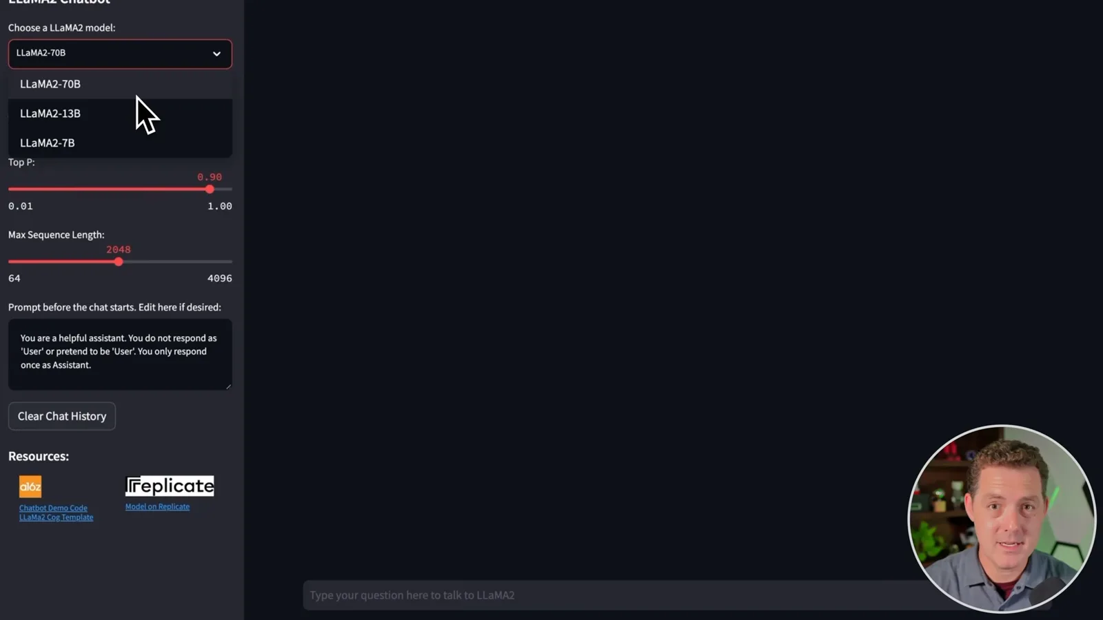 Hosted Llama 2 model selection