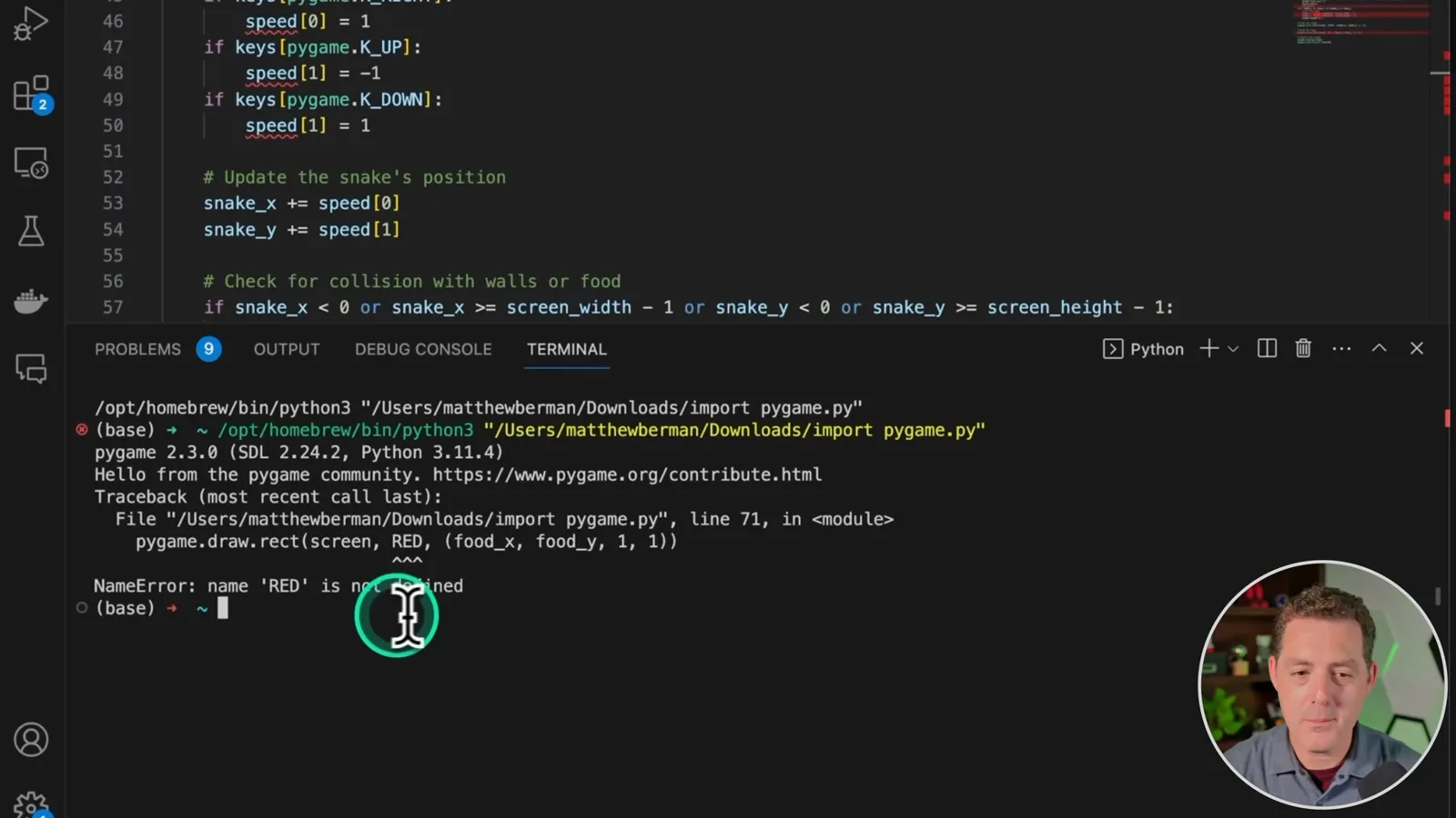 Snake program execution error