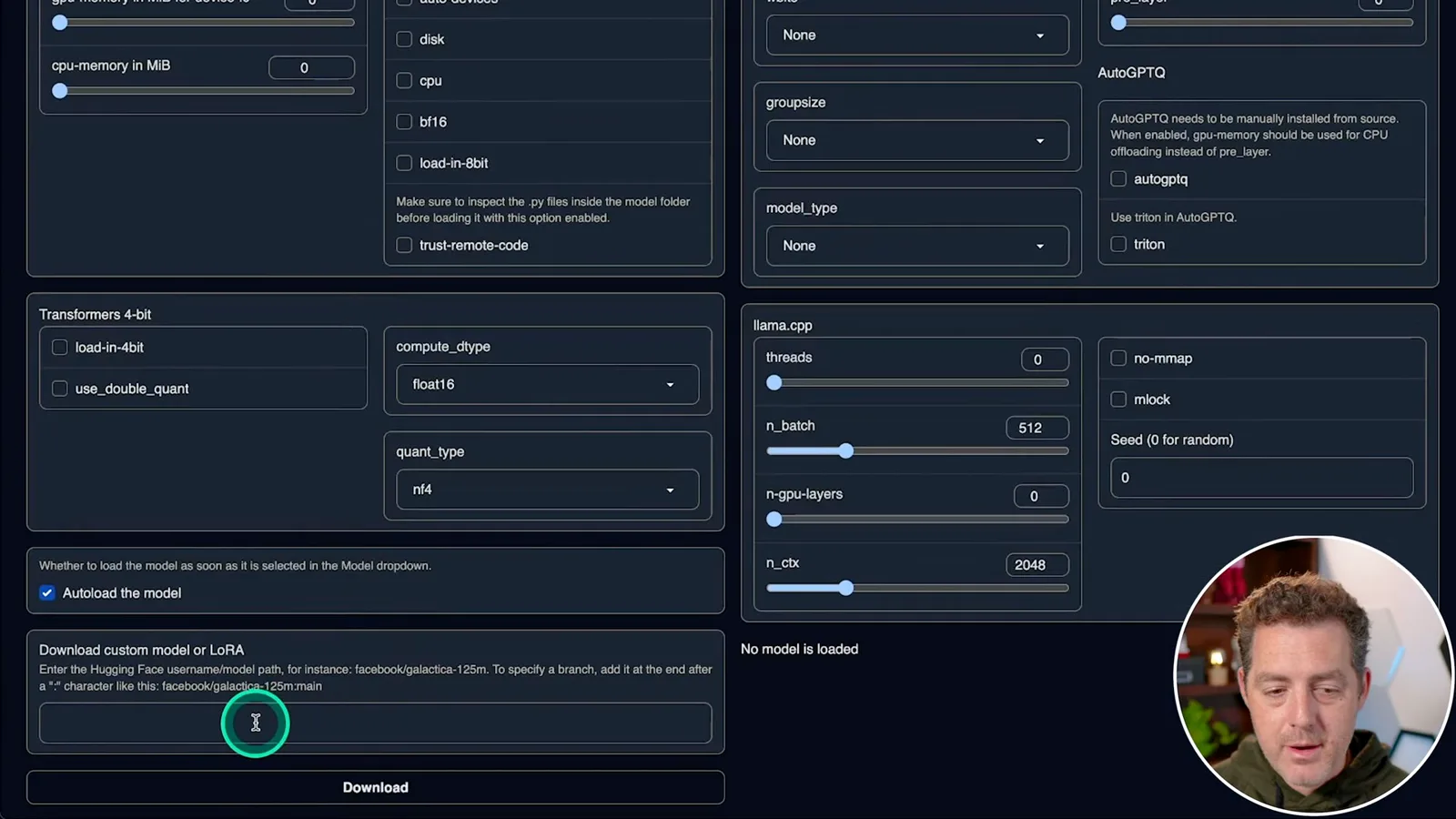 Model download in Text Generation Web UI