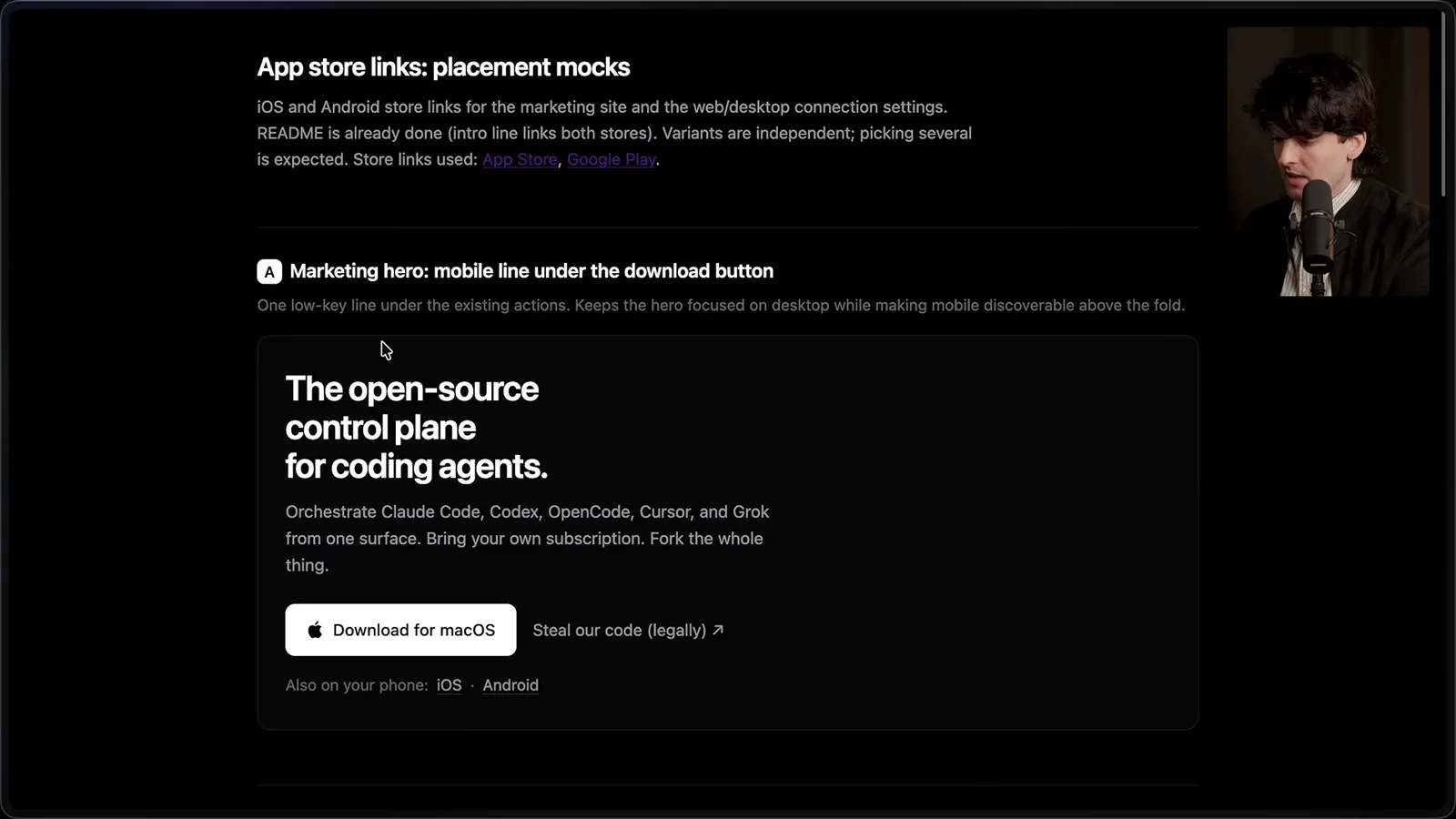 Labeled marketing-site mockup