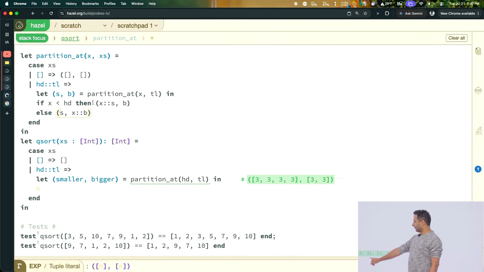 A quicksort bug in the live output