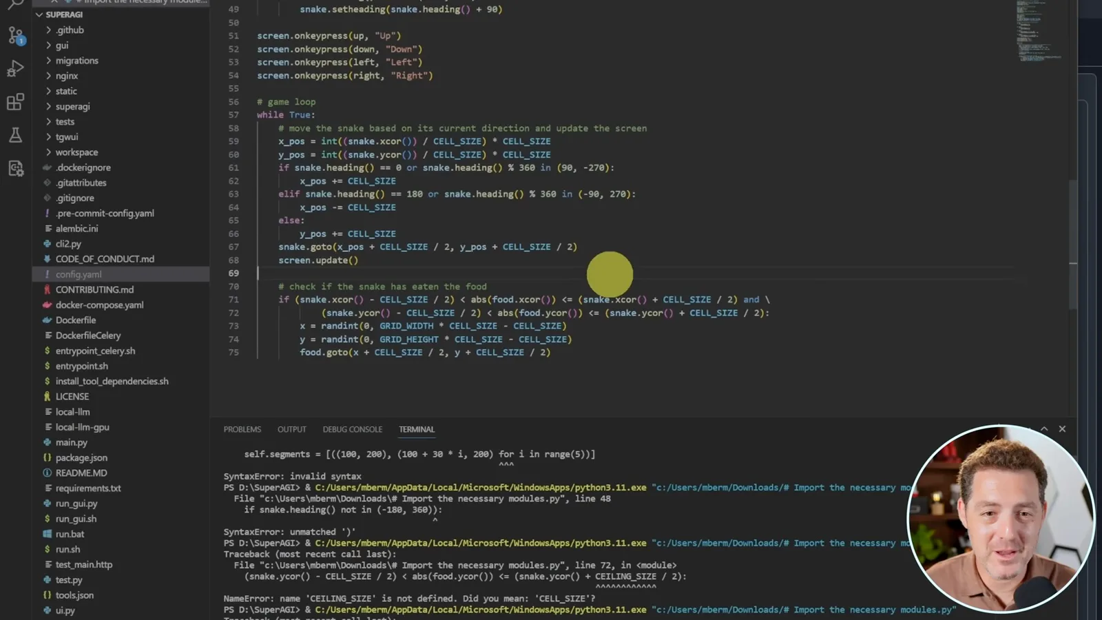 Snake code and errors