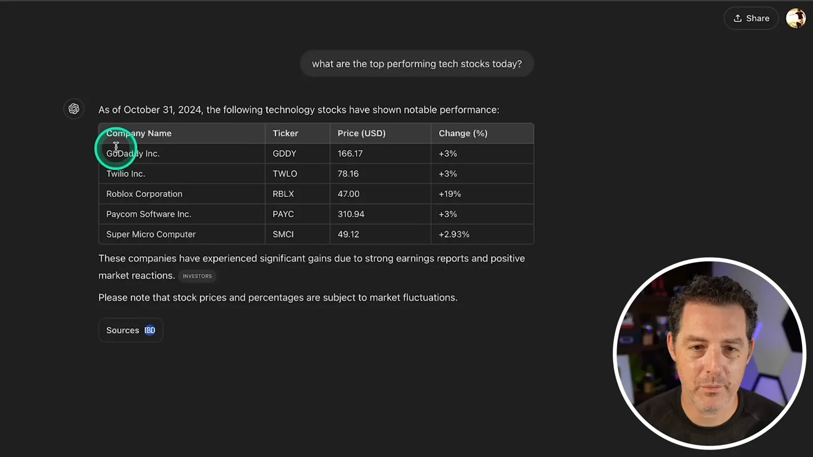 Historical stock search example