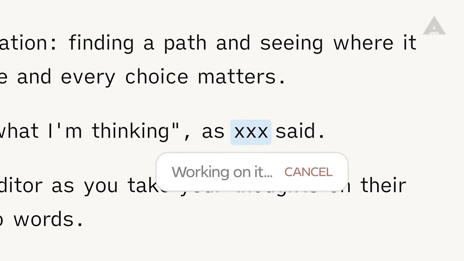 A placeholder in the writing surface