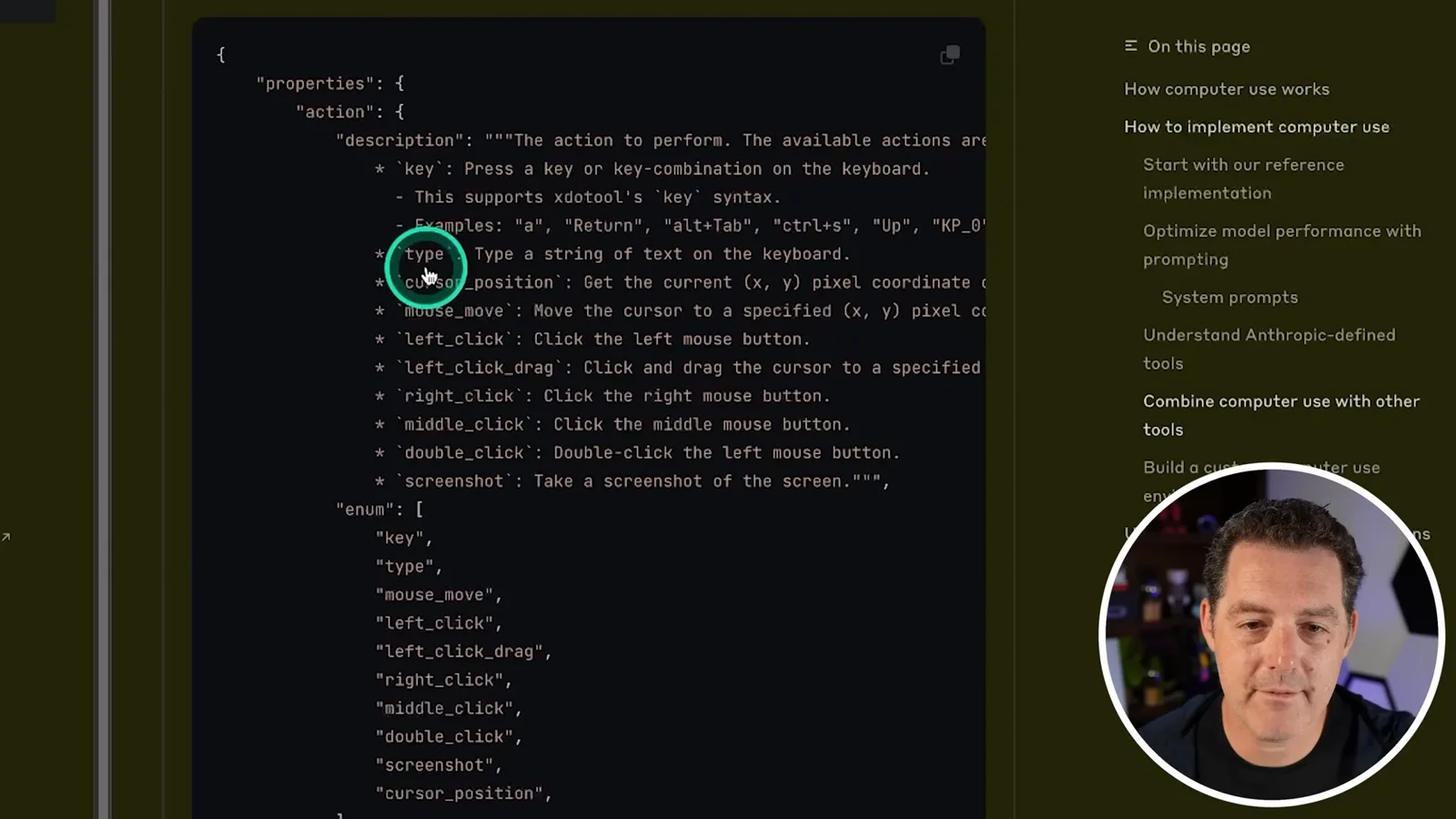 Computer tool action schema