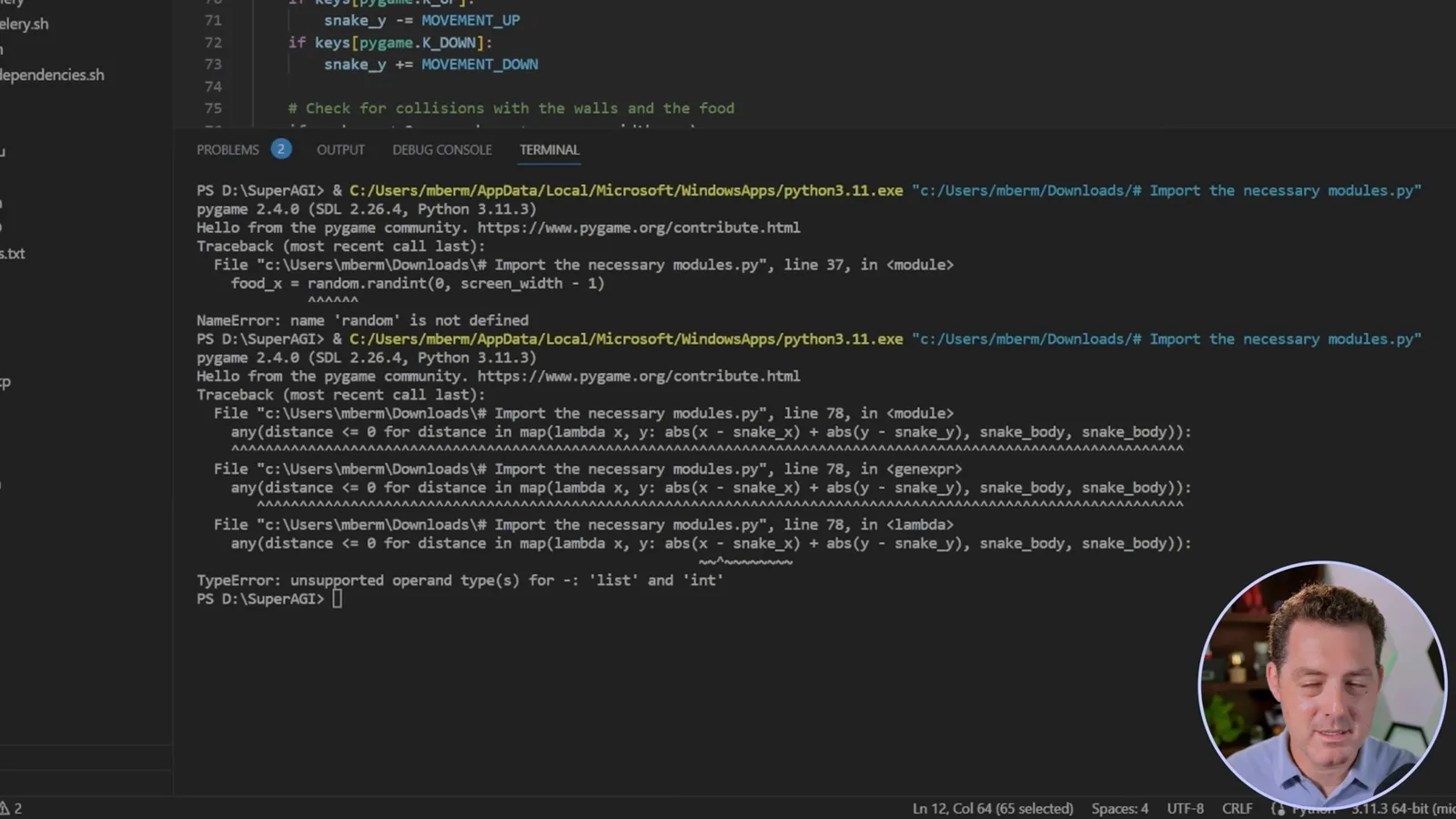 Errors in generated Snake code