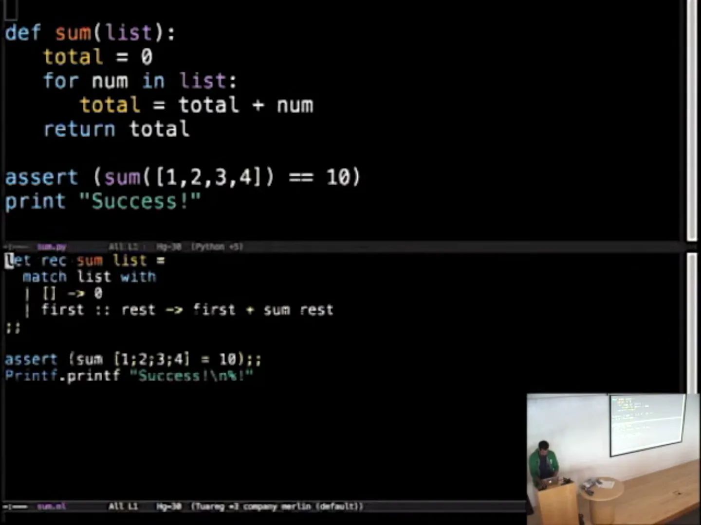 Summing a list in Python and OCaml