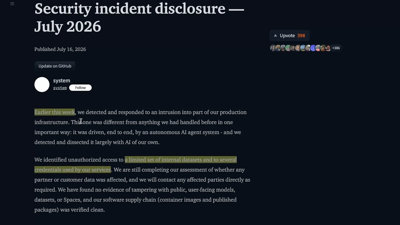 Hugging Face’s disclosure