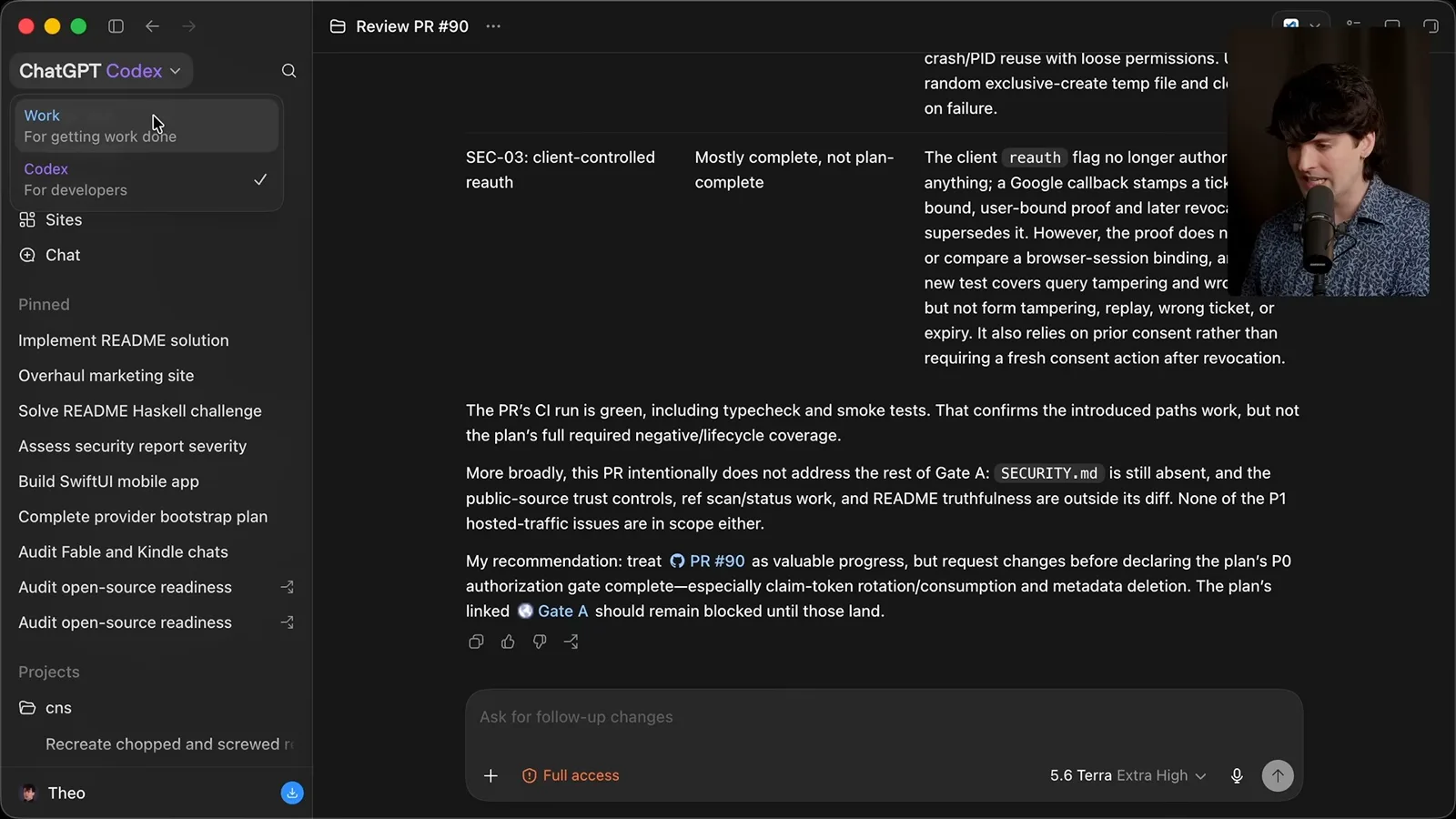 Work and Codex mode selector